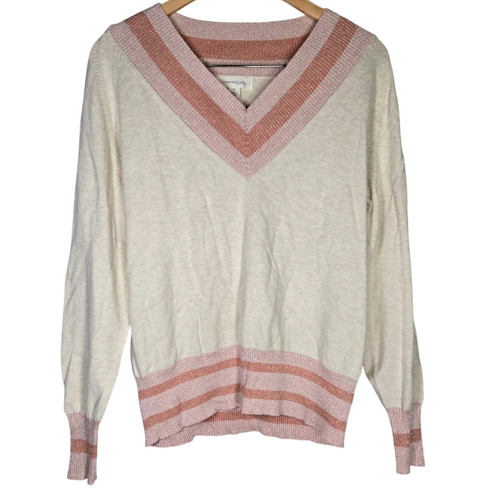 Treasure Bond Womens V Neck Sweater Medium Beige Pink‎ Striped Sparkle Knit Top